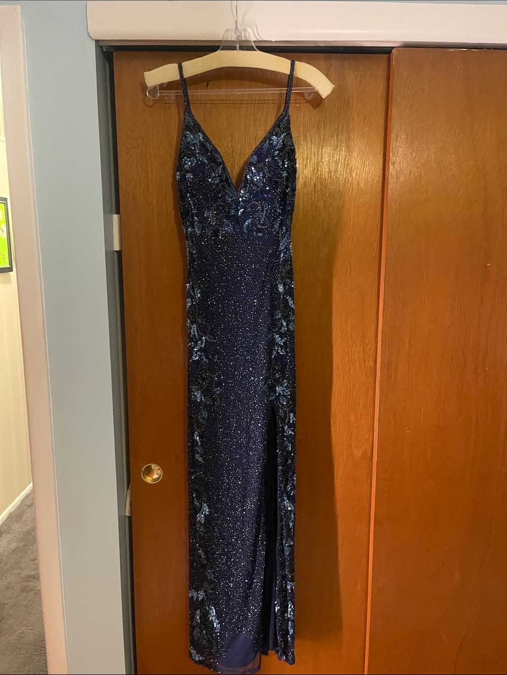 Elegant Navy Sequin Slip Dress with Floral beaded  Accents